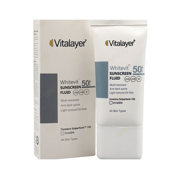 فلوئید ضد آفتاب SPF ۵۰ ویتالیر مدل وایت ویت مناسب انواع پوست کدر و دارای لک حجم ۵۰ میلی لیتر بی رنگ