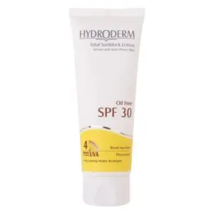 لوسیون ضد آفتاب فاقد چربی هیدرودرم مدل آکنه اند پرون اسکین SPF30 حجم ۷۵ میلی لیتر بی رنگ