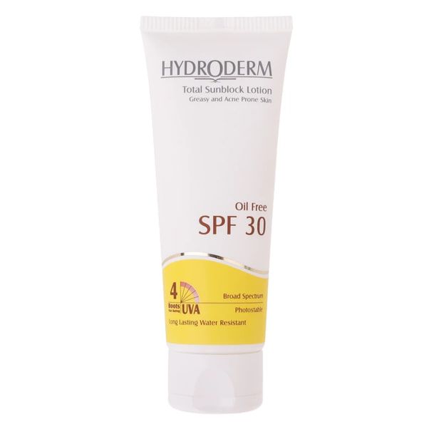 لوسیون ضد آفتاب فاقد چربی هیدرودرم مدل آکنه اند پرون اسکین SPF30 حجم ۷۵ میلی لیتر بی رنگ